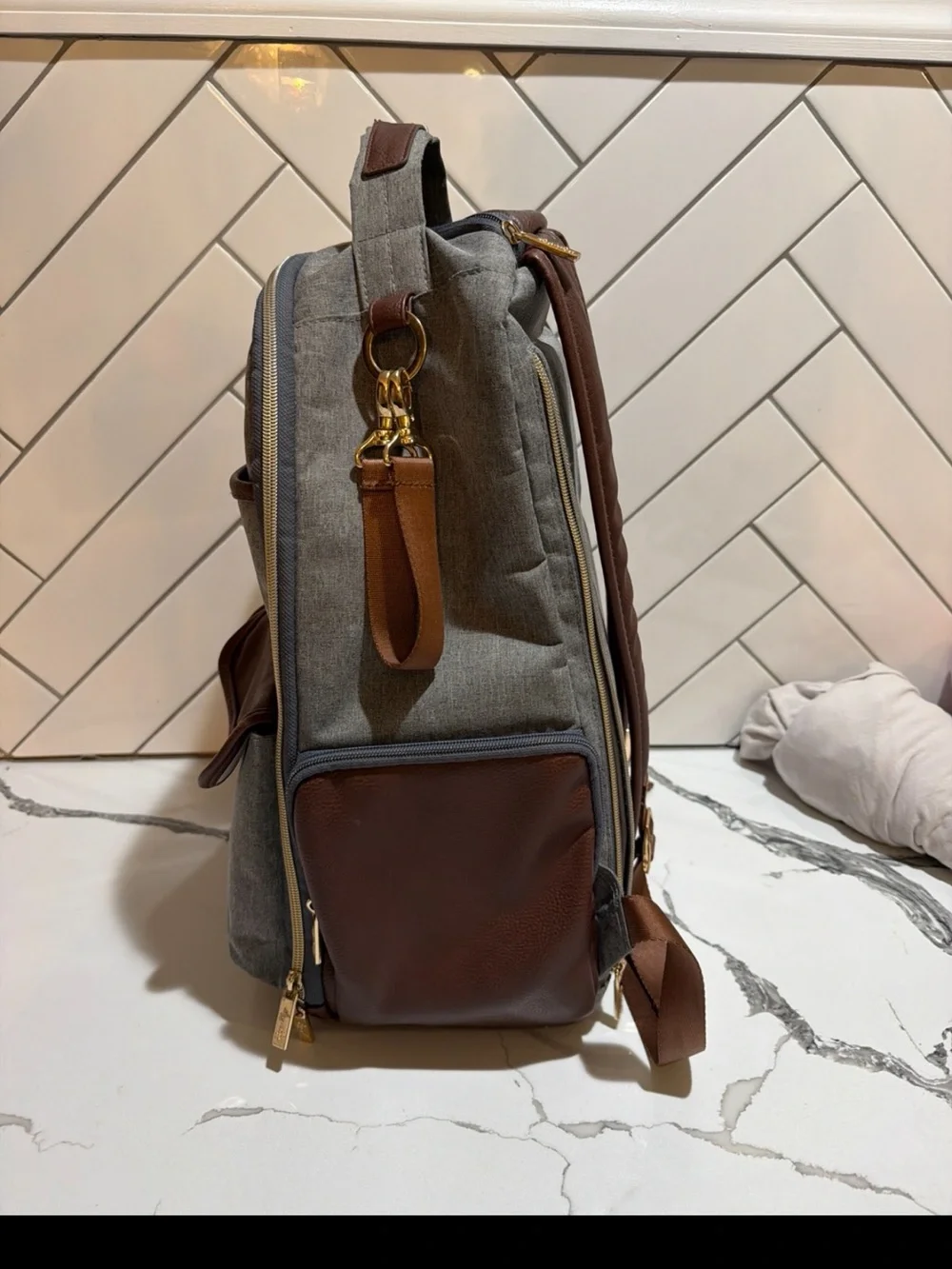 Itzy Ritzy Gray and Brown Men's Backpack with Leather Accents